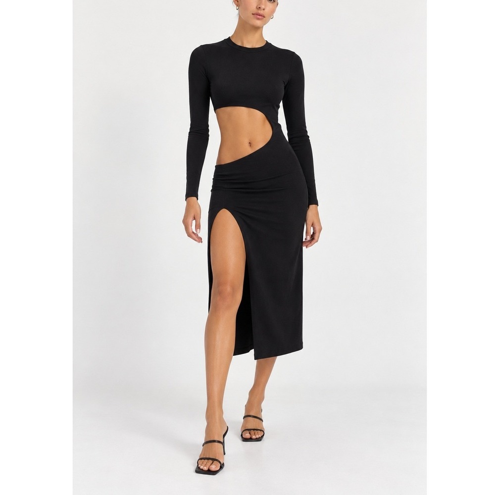 Frankies Bikinis Carolina Midi Dress Women's XL Black Cutout Slit Sleeve New
